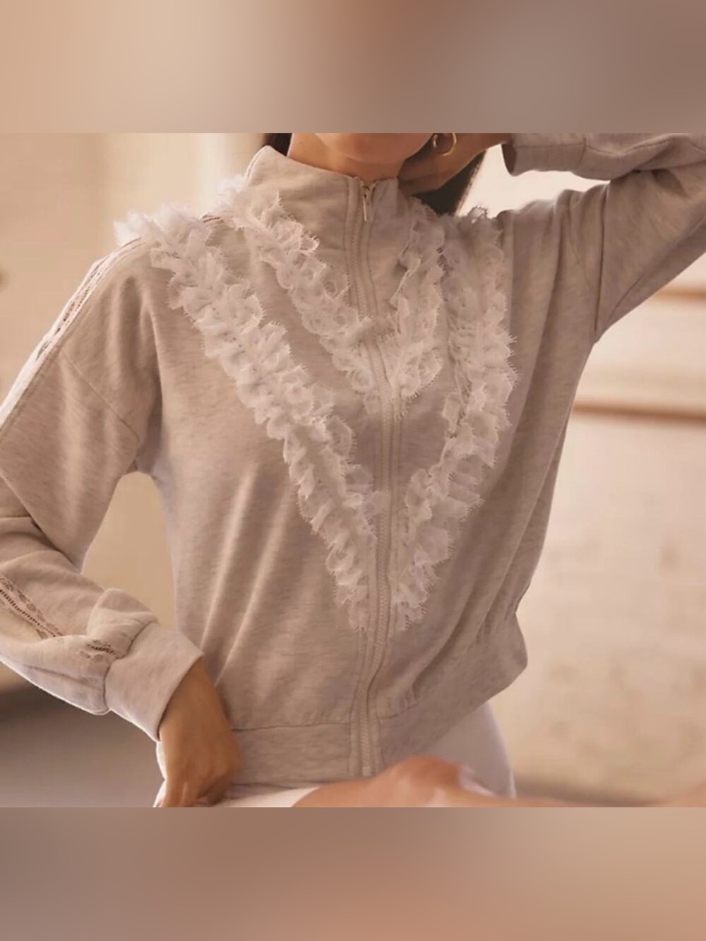 Anthropologie Daily Practice: Light Gray Lace-Trim Bomber Zip-up Sweatshirt